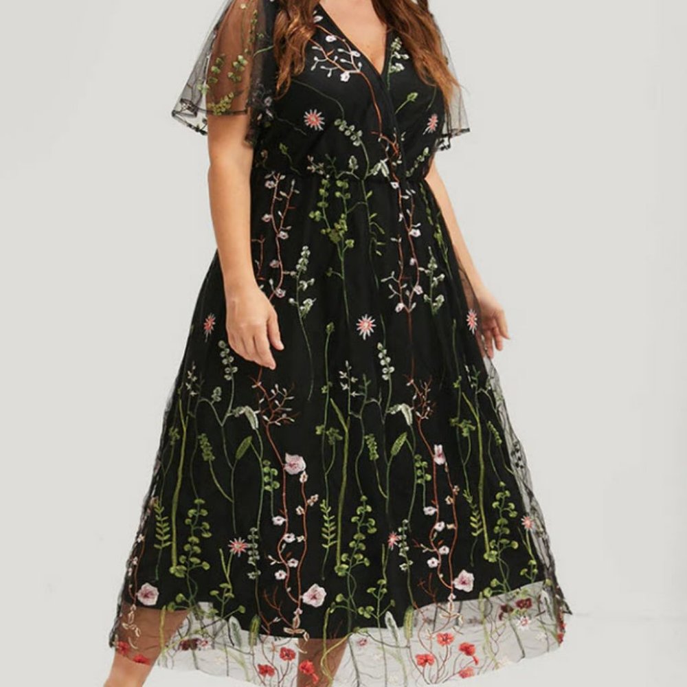 Bloom Dress - Floral Ruffles Button Embroidered Mesh Wrap Maxi Dress NWT